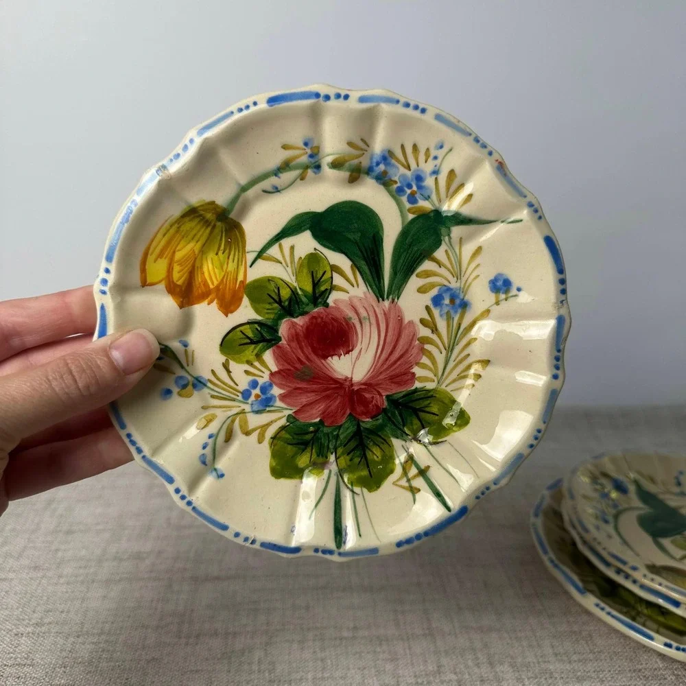 Vintage Italian Hand Painted Floral Plates | 1950s Nove Rose Style | Scalloped